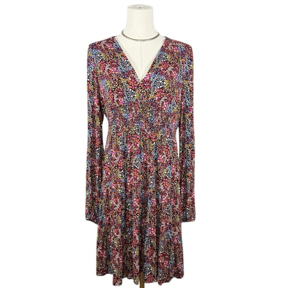 Boden Colorful Floral Micro Pleat V-Neck Plisse Dress Smocked Waist US 8